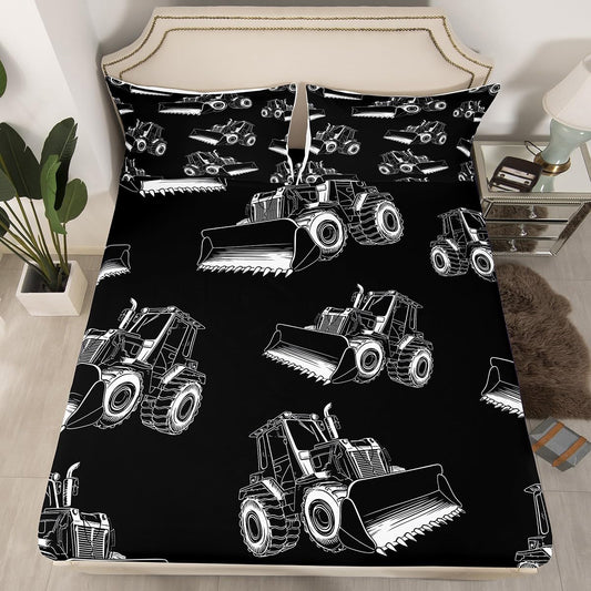 Erosebridal Boys Cartoon Car Fitted Sheet Twin Size, Excavator Bedding Set-Deep Pocket for Kids Girls Children Bedroom, Construction Vehicle Bed Sheet Dump Truck Bed Sets with 1 Pillow Case, Black