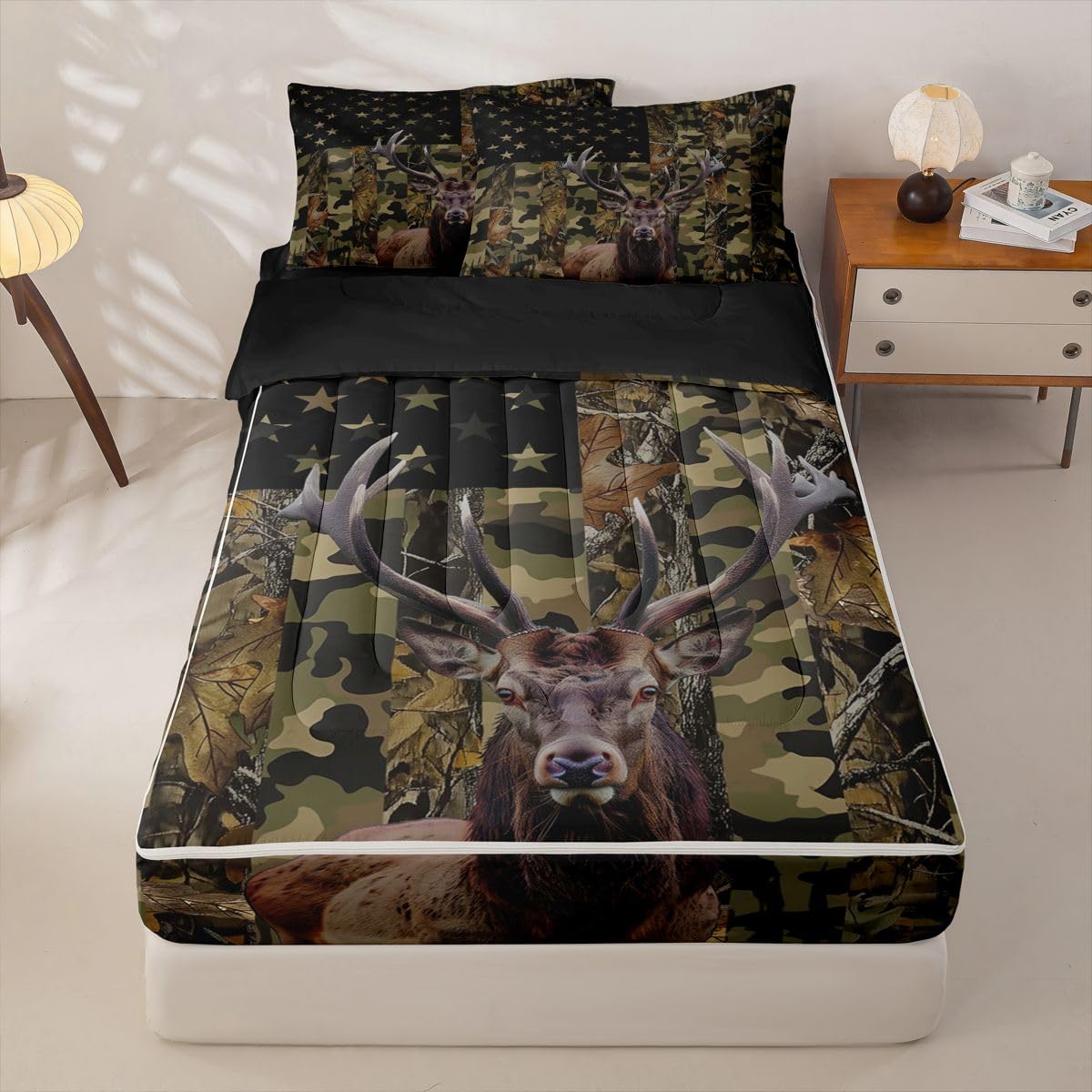 jejeloiu Deer Hunting Camo Zipper Bedding for Kids Rustic Western Deer Twin Comforter Set with Fitted Sheet 2 Pillowcases American Flag Bed in a Bag Green Camouflage Soft Lightweight Microfiber