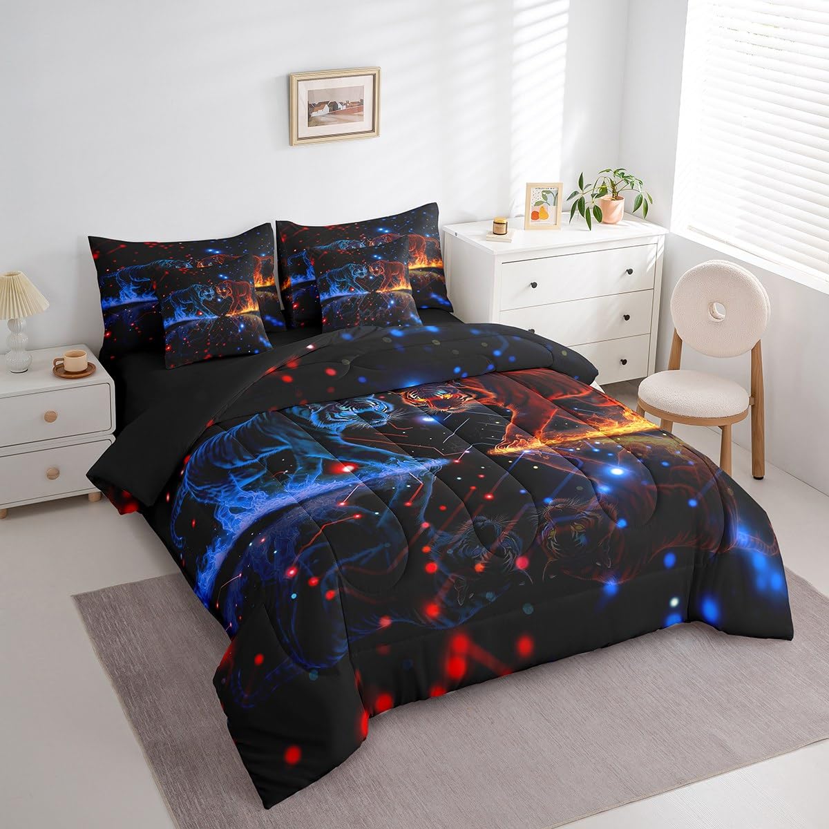 jejeloiu Tiger Bed Set Wild Animal 7 Pieces Bedding Set for Kids Safari Cat Print Bed in a Bag with Comforter, Sheets, Pillowcases Ultra Soft Dot All Season Breathable Lightweight Twin Size