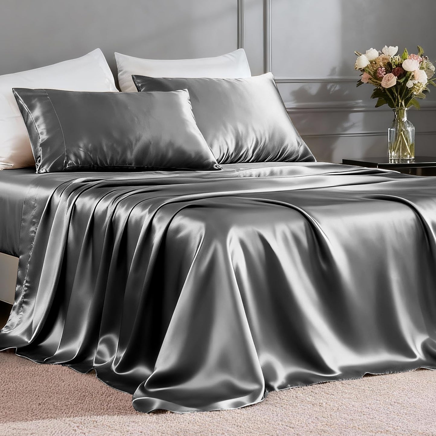 FreshCulture Satin Sheets Full Size - 4 Piece Luxury Soft Silky Full Size Bed Sheets, Similar to Silk Bed Sheet Set with 1 Deep Pocket Fitted Sheet, 1 Flat Sheet & 2 Pillowcases (Dark Grey)