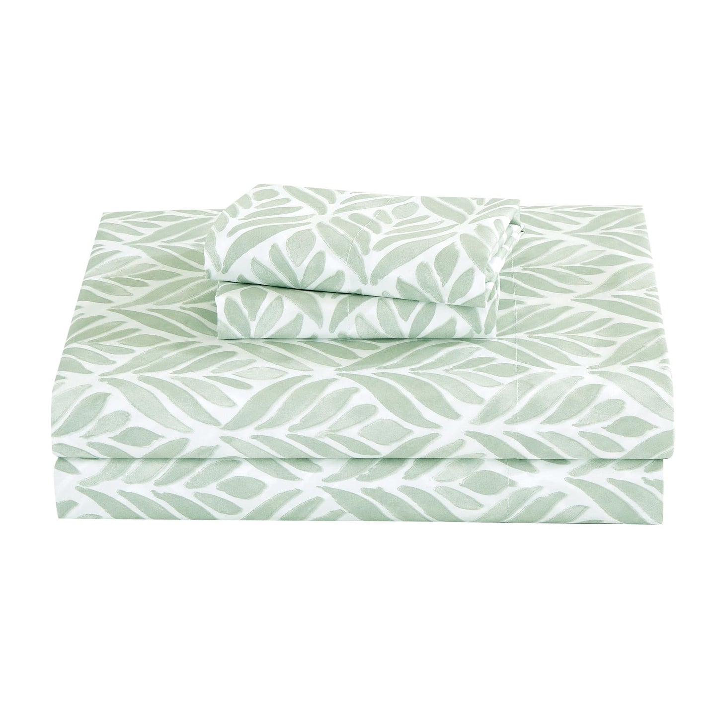 Chezmoi Collection Medina 4-Piece Tranquil Leaf Bed Sheet Set - Soft Green White Leaves Printed Microfiber 14-Inches Deep Pocket Sheets & Pillowcases Set, California King