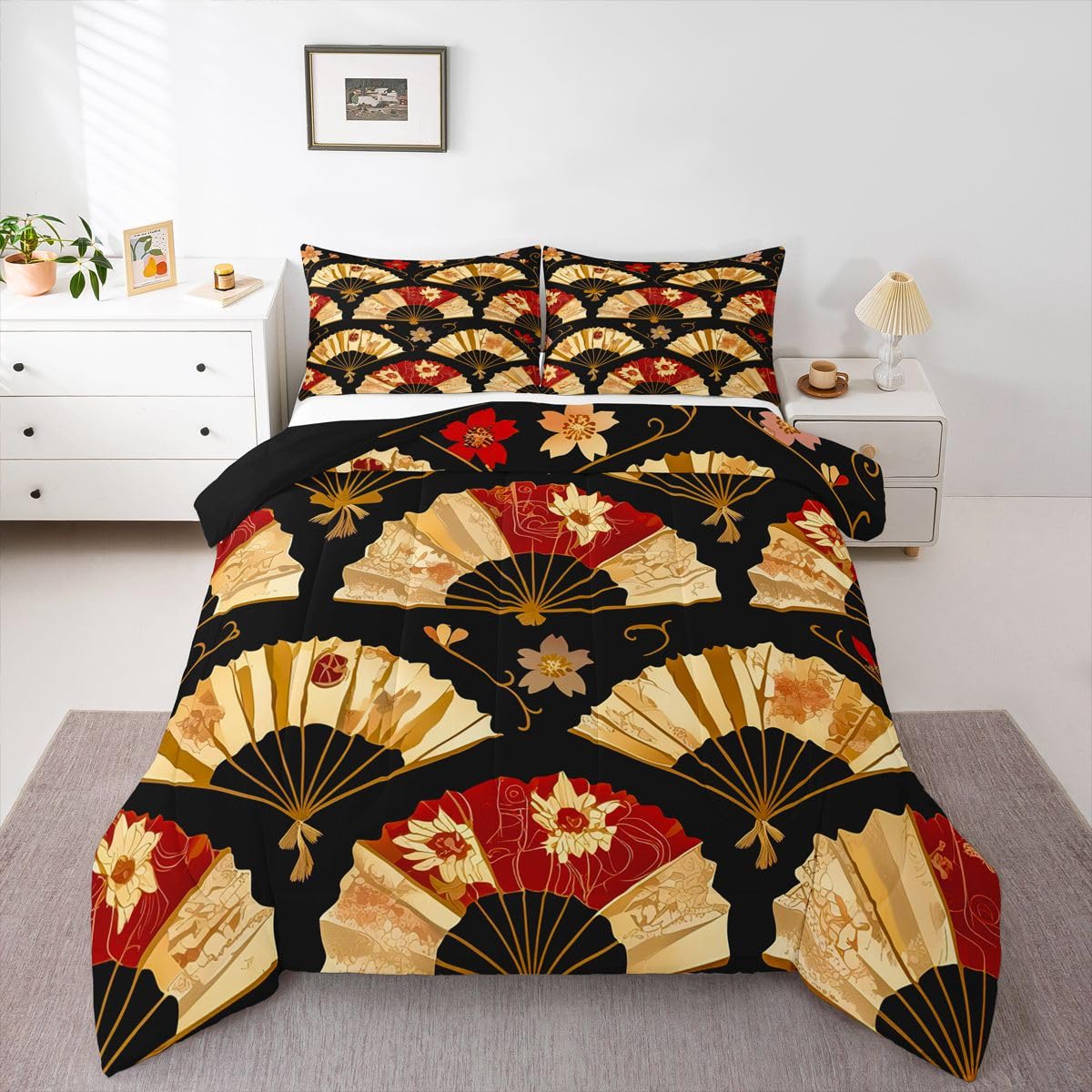 Erosebridal Japanese Folding Fans Kids Comforter Set | Japanese Style Bedding Full Size Cherry Blossoms Down Comforter Gold Fan with Floral Pattern Duvet Set for Bedroom