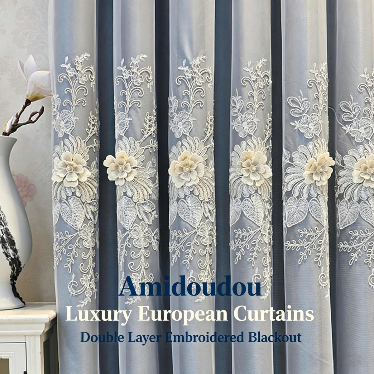 Amidoudou 1 Pair Luxury European Curtains with Valance for Living Room Bedroom Double Layer Embroidered Blackout Curtains (Dark Blue,51x96 Inch)