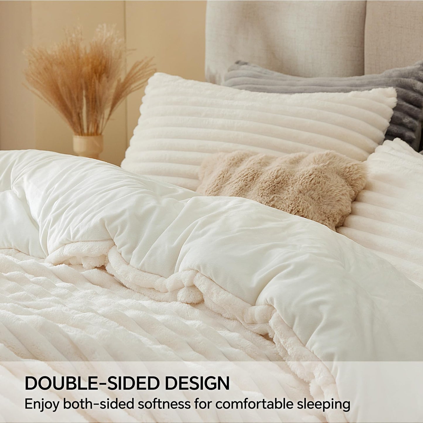 BEDELITE Fleece Queen Comforter Set -Super Soft & Warm Fluffy Cream White Bedding, Luxury Fuzzy Heavy Bed Set for All Season with 2 Pillow Cases