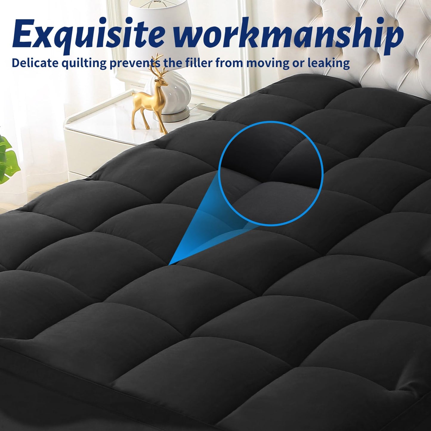 Thick Mattress Topper Full with Deep Pocket, Extra Pillow Top Mattress Pad, Breathable & Cooling Mattress Cover, Fits 8-21 Inch, Soft Support for Back Pain Relief, Mattress Protector (Full, Black)