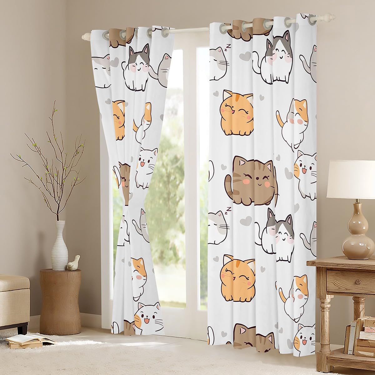 Erosebridal Cute Kitten Curtains & Drapes Kawaii Cat Curtain, Lovely Pet Blackout Curtains Gray Love Print Living Room Treatments, Animal Themed Window Drapes Kids Room Decor