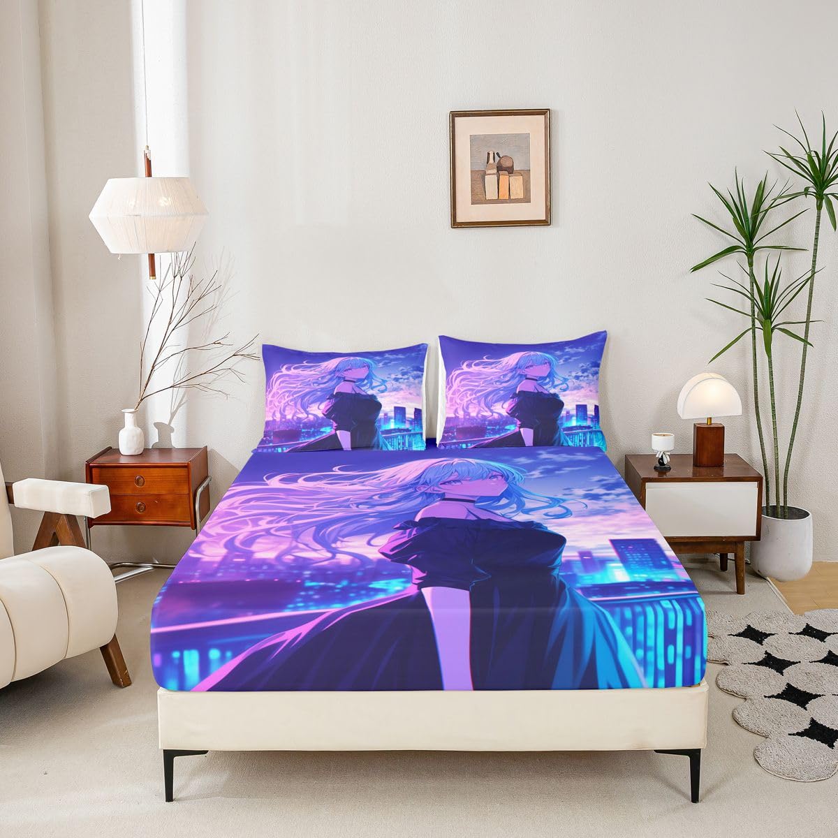 Japanese Anime Girl Bedding Set 3D Anime Gifts Bed Sheets Queen for Kids Boys Guys Japanese Style Fitted Sheet, Cartoon Printed Kawaii Girls Sheets Romance Cherry Blossoms Fitted Bed Sheets