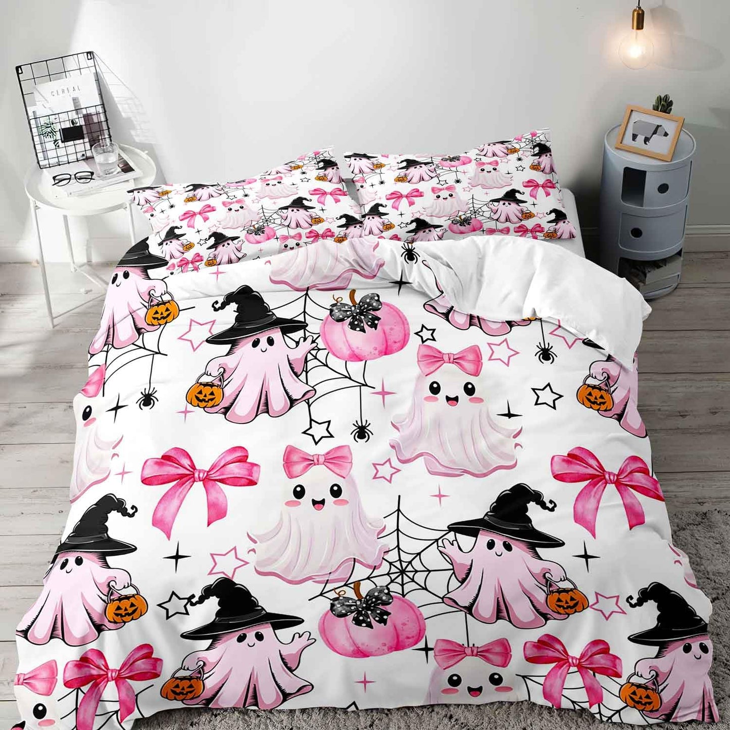 LUVIVIHOME 3PCS Kawaii Ghost Duvet Cover Queen Bedding Set, White Duvet Cover, Kids Teen Girl Bedding, Spooky Witchy Coquette Cute Pink Bow Pumpkin Spider Web Halloween Comforter Cover, 2 Pillow Cases