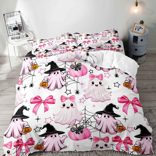 LUVIVIHOME 3PCS Kawaii Ghost Duvet Cover Queen Bedding Set, White Duvet Cover, Kids Teen Girl Bedding, Spooky Witchy Coquette Cute Pink Bow Pumpkin Spider Web Halloween Comforter Cover, 2 Pillow Cases