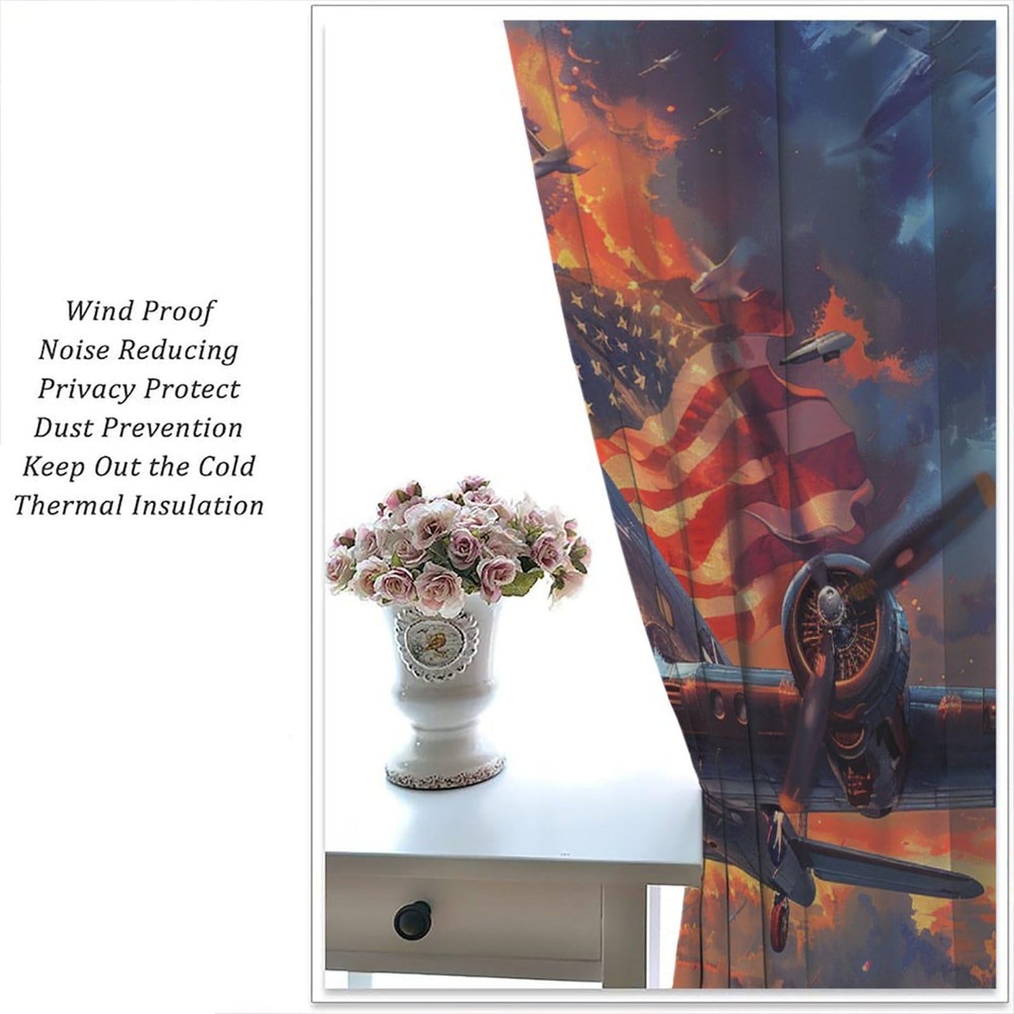 TOWINSFB American Flag Airplane Blackout Curtains, Retro Sunset Aircraft USA Patriotic Home Decor Rod Pocket Window Drapes for Living Room Bedroom - 2 Panels, Each 21" W x 63" L