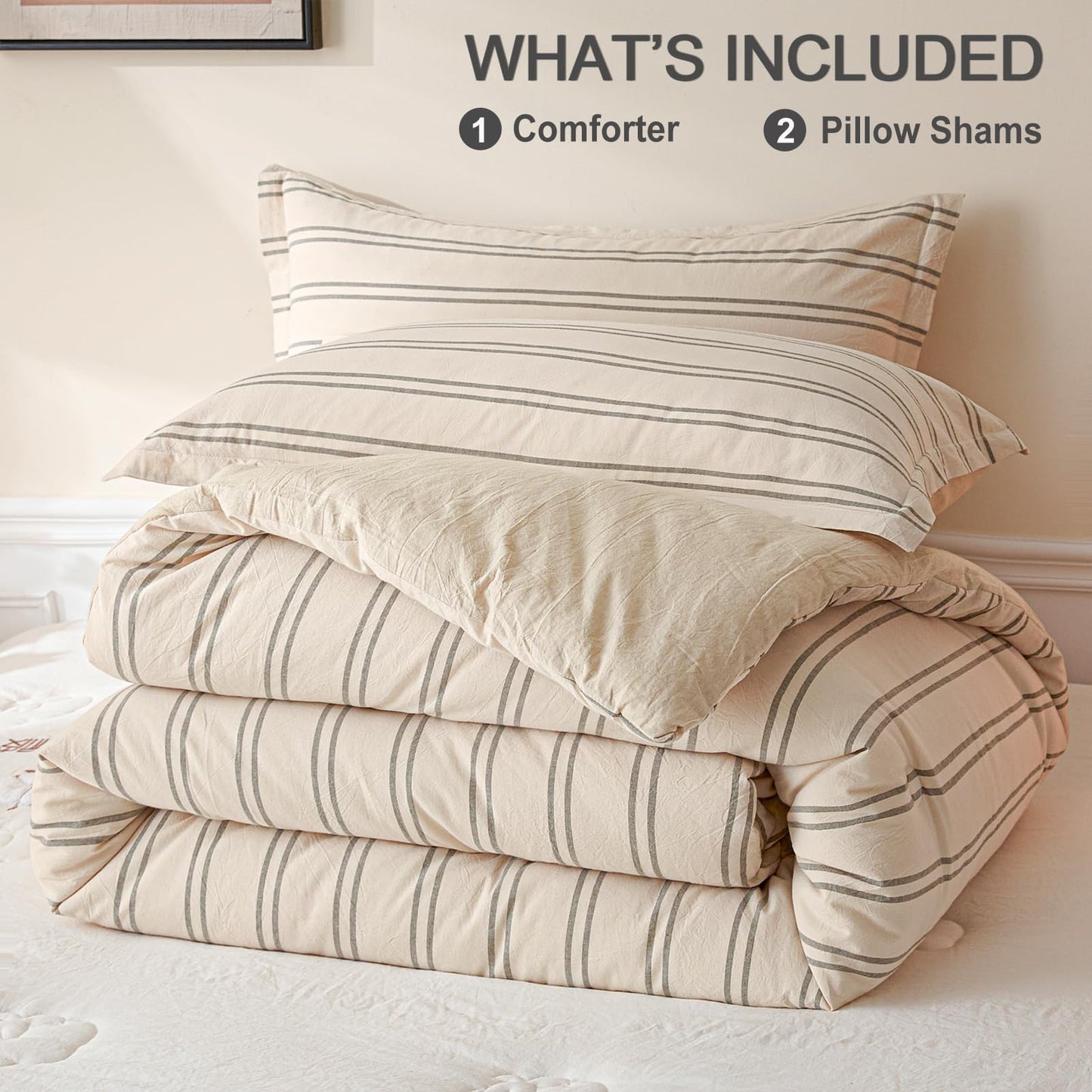 Cyusri Cotton Stripe King Comforter Set - Soft Lightweight Bedding 3 Pieces Dyed Bed Set with 2 Pillow Shams,Reversible All Season Farmhouse Down Alternative(King Size 104"x90" Beige)