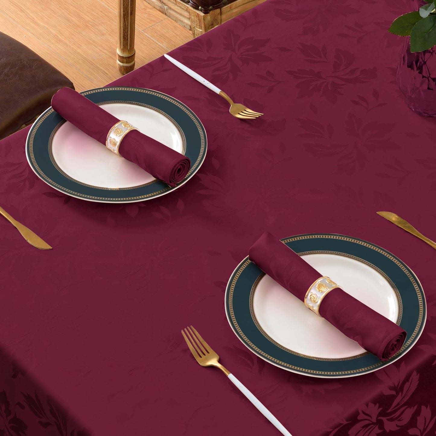 Romanstile Jacquard Rectangle Tablecloth, Elegant Waterproof Damask Floral Pattern Table Cloths Heavy Weight Decorative Table Covers for Dinner/Parties/Holiday - 60 x 102 Inch, Burgundy