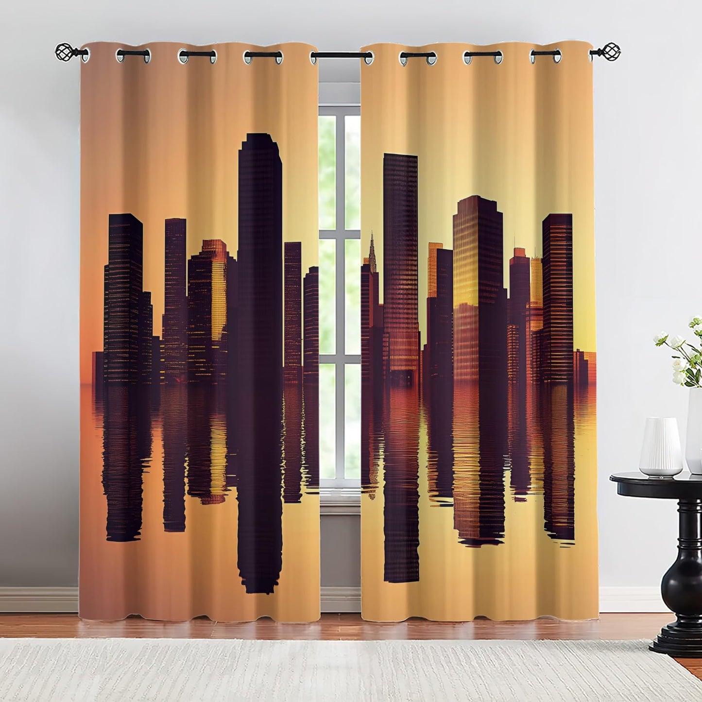 XAFIAUR City Skyscrapers Blackout Curtains, Skyline Curtains for Living Room, Sunset Reflections Black Out Bedroom Curtain Thermal Insulated Grommet Drapes 2 Panels, for Boys Room 31.5" W x 45" L x2