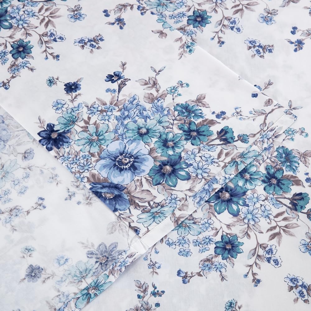 DAUAOTO King Size Printed Sheets Set, 100% Cotton Bedding Sets, Up to 14" Deep Mattress, Floral Pattern Bedlinen Set, French Blue