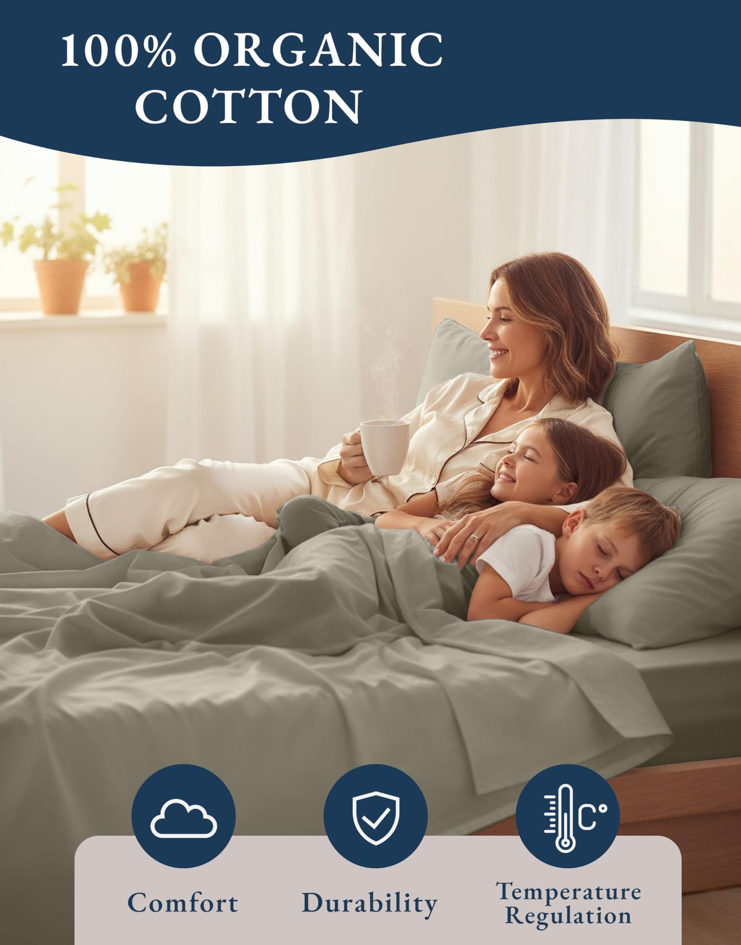 LANE LINEN 100% Organic Cotton Mercerized Queen Sheets, Soft & Comfy Naturally Cooling Cotton Sheets Queen Size Set, Classic Percale Weave Low Pill Fade Resistant Queen Bed Sheets- Silver