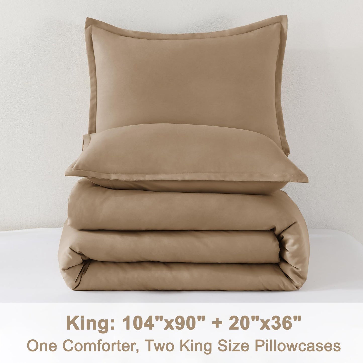 Litanika Taupe Comforter Set King Size, 3 Pieces Solid Bedding Comforter Set, All Season Fluffy Bed Set (104x90In Comforter & 2 Pillowcases)