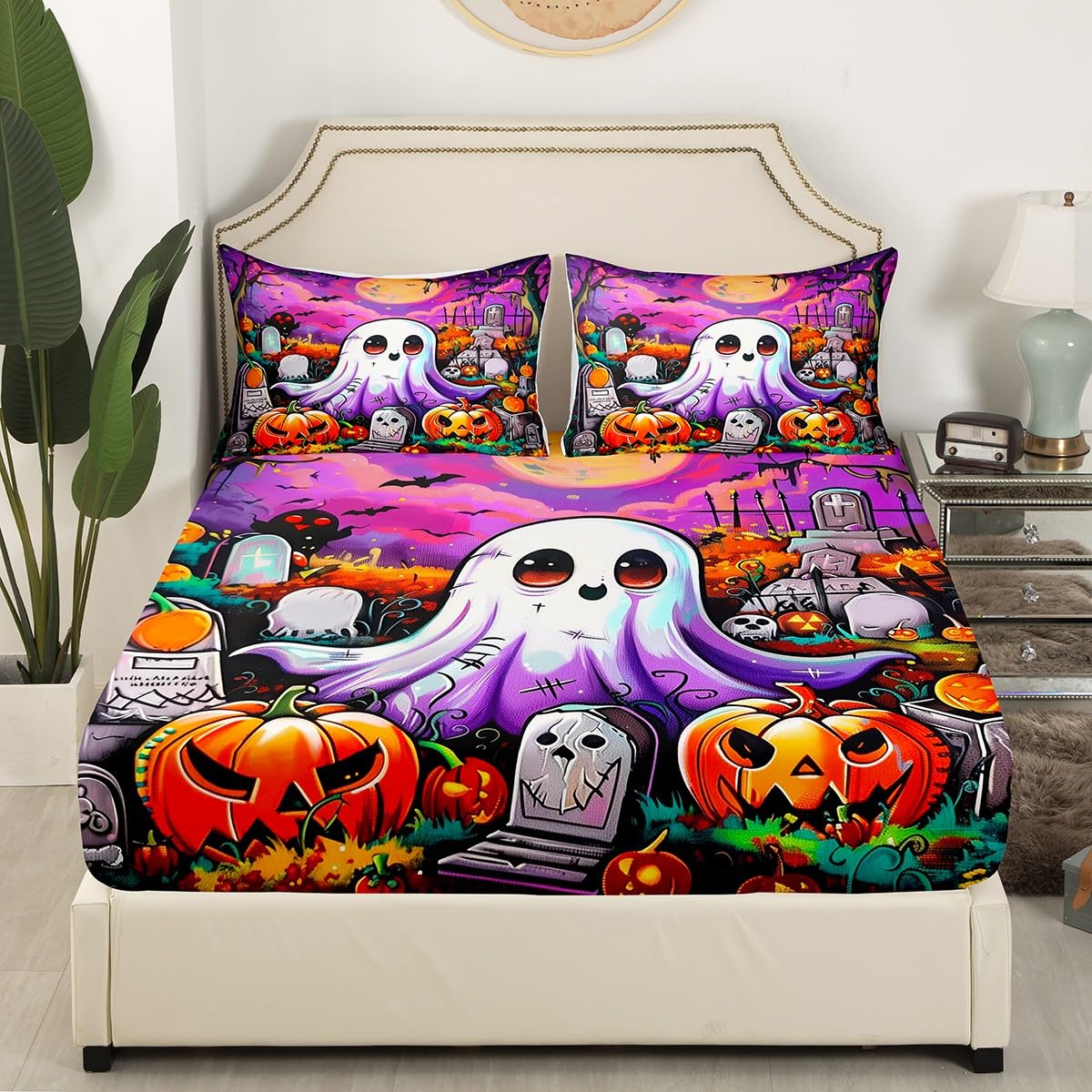 Kids Kawaii Ghost Fitted Sheet 3 Pcs,Cartoon Halloween Theme Soft Microfiber Sheets Breathable Bedding,Purple Moon Night Cute Decor Bedsheet with Deep Pocket