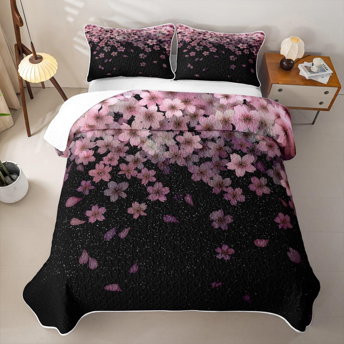 Erosebridal Cherry Blossom Quilt Set Full Pink Flower Quilt Petal Floral Bedding Coverlet Starry Sky Girly Bedspread with 2 Pillowcases