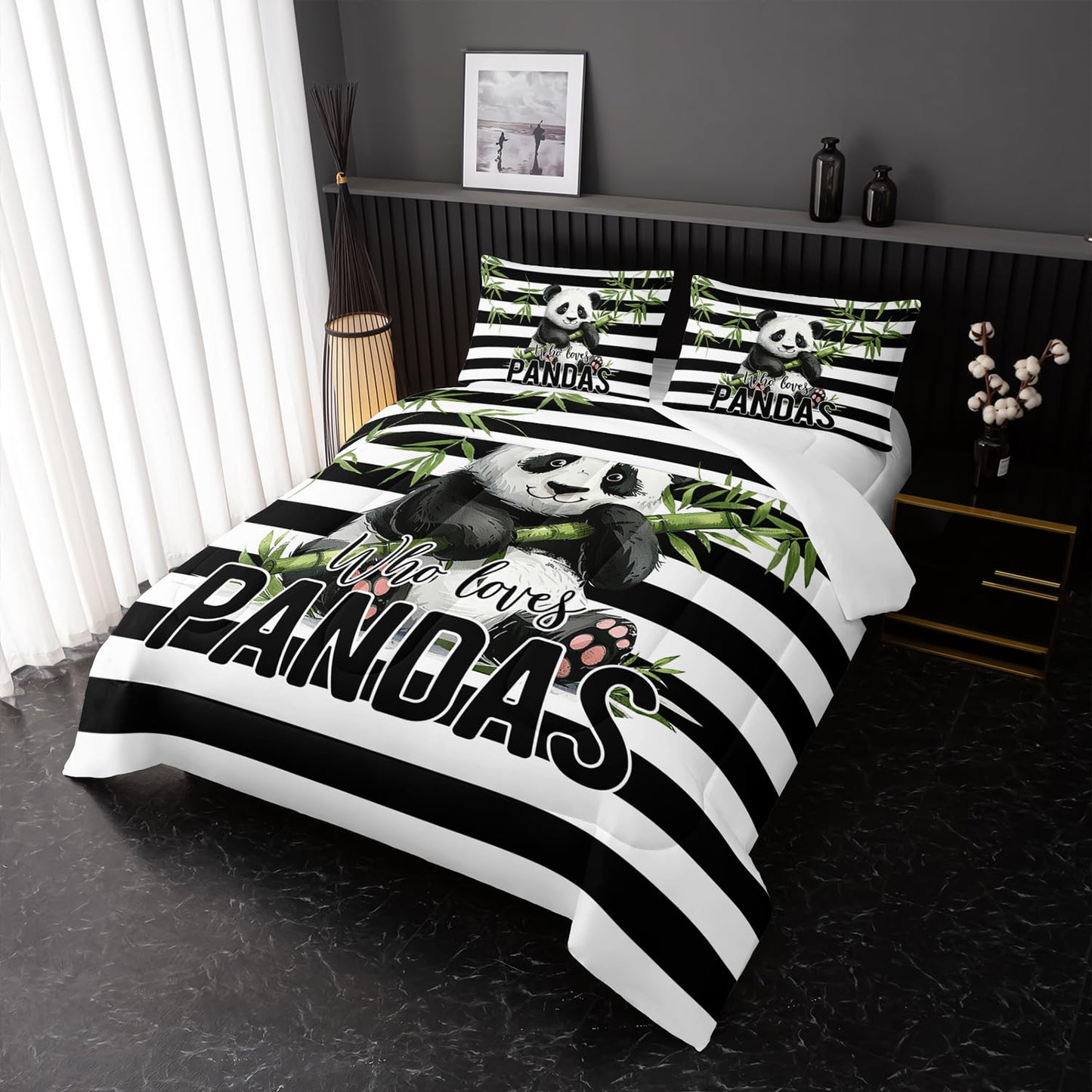 Nttopship Kawaii Panda Bedding Set - Striped Animal Theme Comforter for Girls, Kids, Teens - Twin Size With 2 Pillowcases