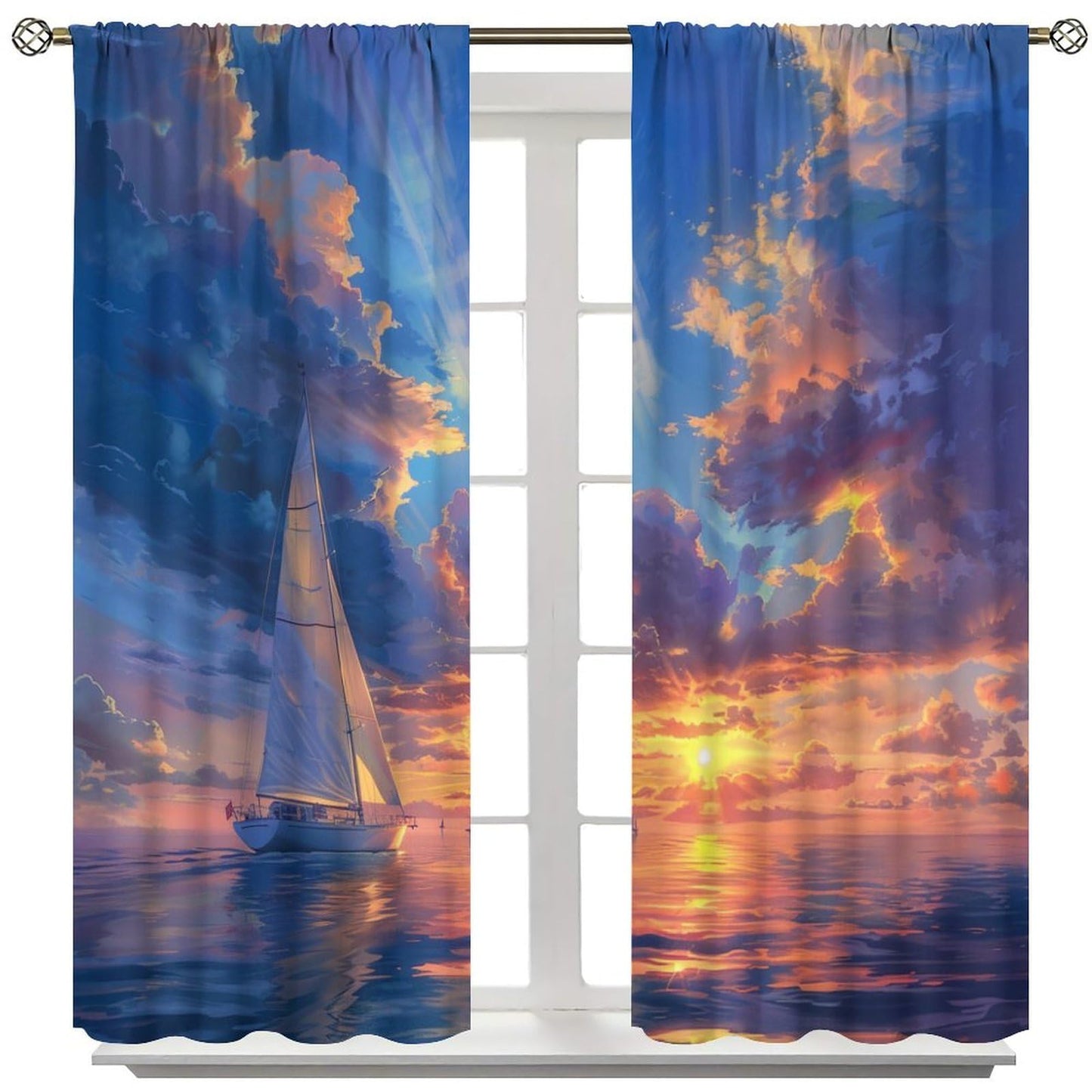 TOWINSFB Ocean Sunset Scenery Blackout Curtains for Living Room Bedroom, Retro Rustic Nature Nautical Sailboat Window Curtains Rod Pocket Thermal Insulated Window Drapes, 2 Panels, Each 21W x 45L