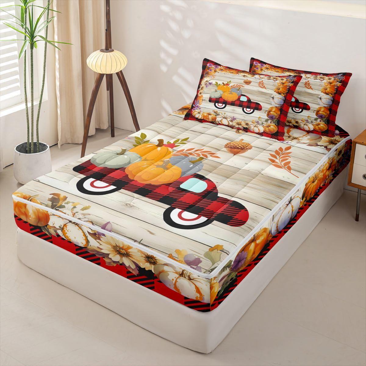 Feelyou Halloween Pumpkin Car Queen Comforter Set with Fitted Sheet Kids Farmhouse Autumn Plants Themed Zipper Bedding Pumpkin Day Zipper Bedding Sets Halloween Style Plaid Print Bed in A Bag