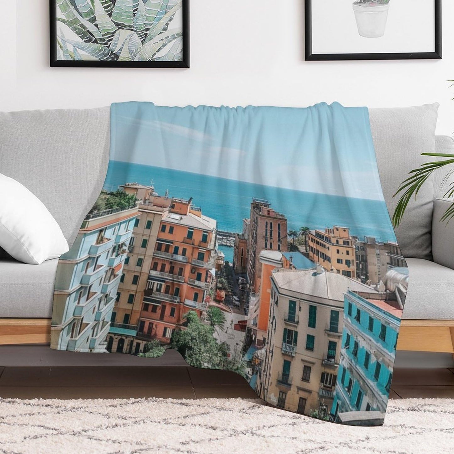 HDESDIS Coastal Cityscape Throw Blanket, Soft Cozy Warm Nautical Seaside Architecture Flannel Blankets for Sofa Couch Bed, 30x40 Inch