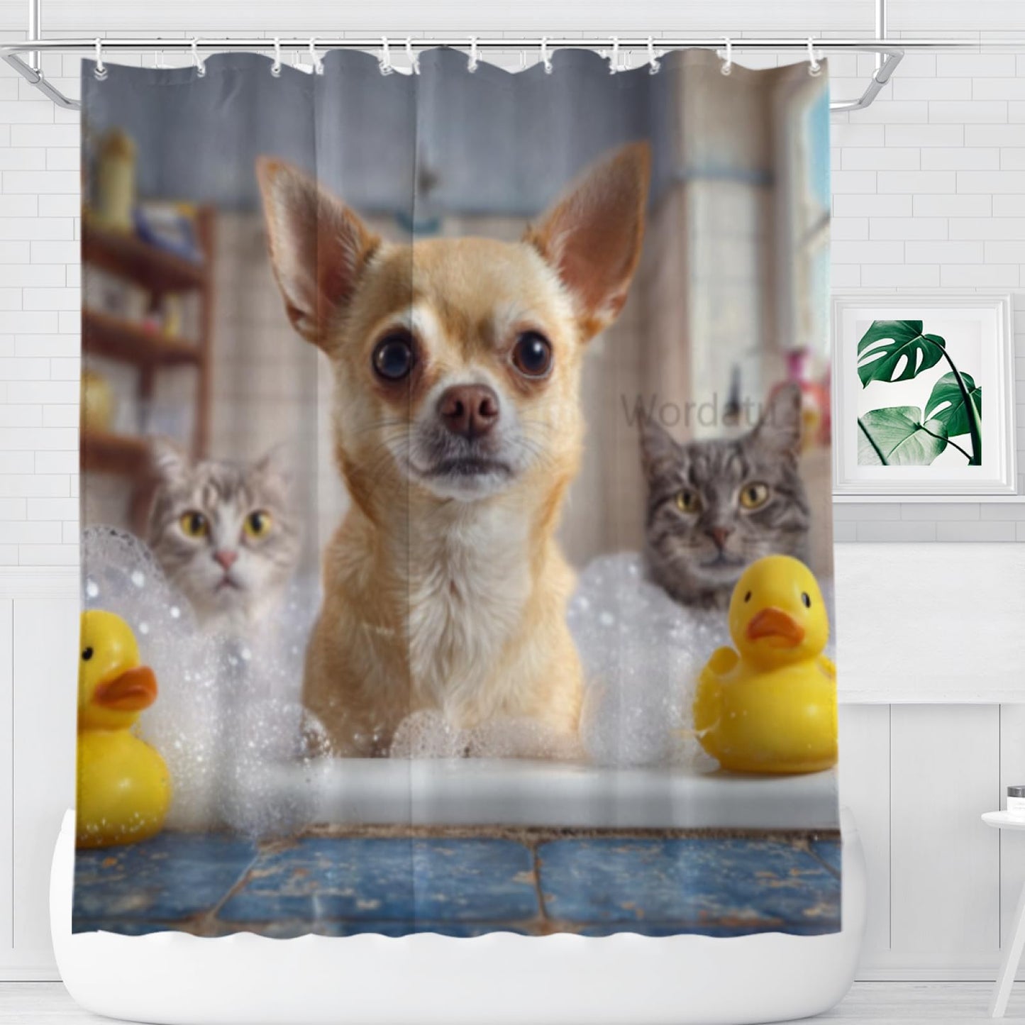 Wordatu Chihuahua Shower Curtain Bathroom Set 72X72 Inches Funny Cat Lovely Animals in Bathtub for Boys Bath Farmhouse Art Home Decor Fabric 12 Hooks