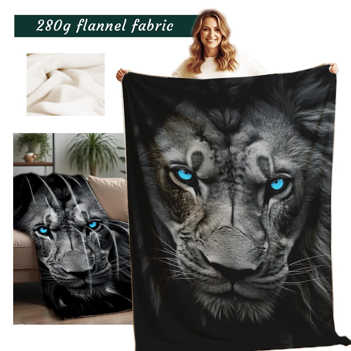 HUNXIAOJ Printed Bed Blanket Black and Blue Wild Animal Throw Lion Flannel Blankets Queen Size Blankets for Men Boy Bed Sofa Office Chair Blanket (49"x59")
