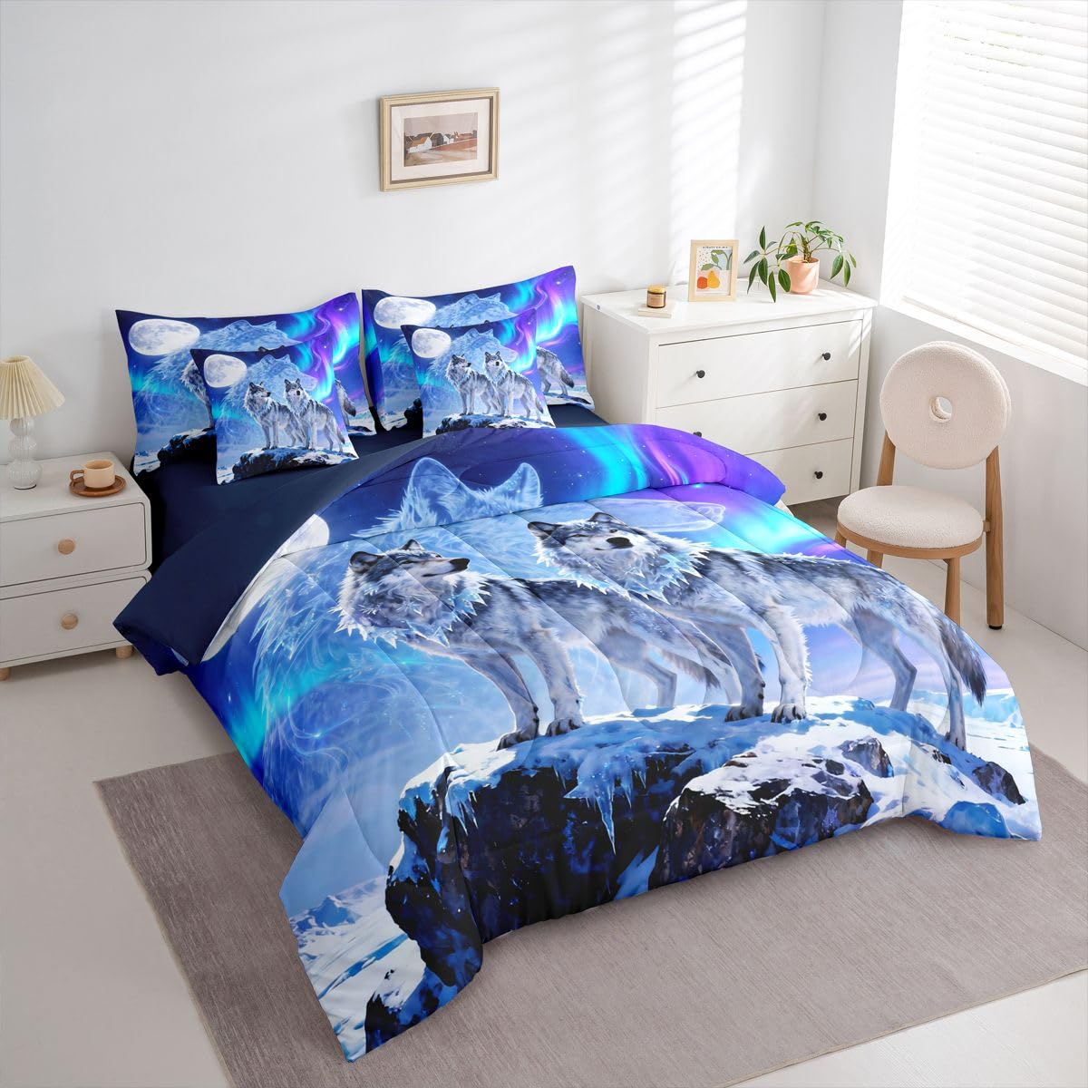 Feelyou Wolf Comforter Set with Sheets 7 Piece Queen Size Wolves Howling Bed in a Bag Kids Boys Girls Western Farmhouse Bedding Set Wild Animal Bedroom Decor Breathable Soft Microfiber