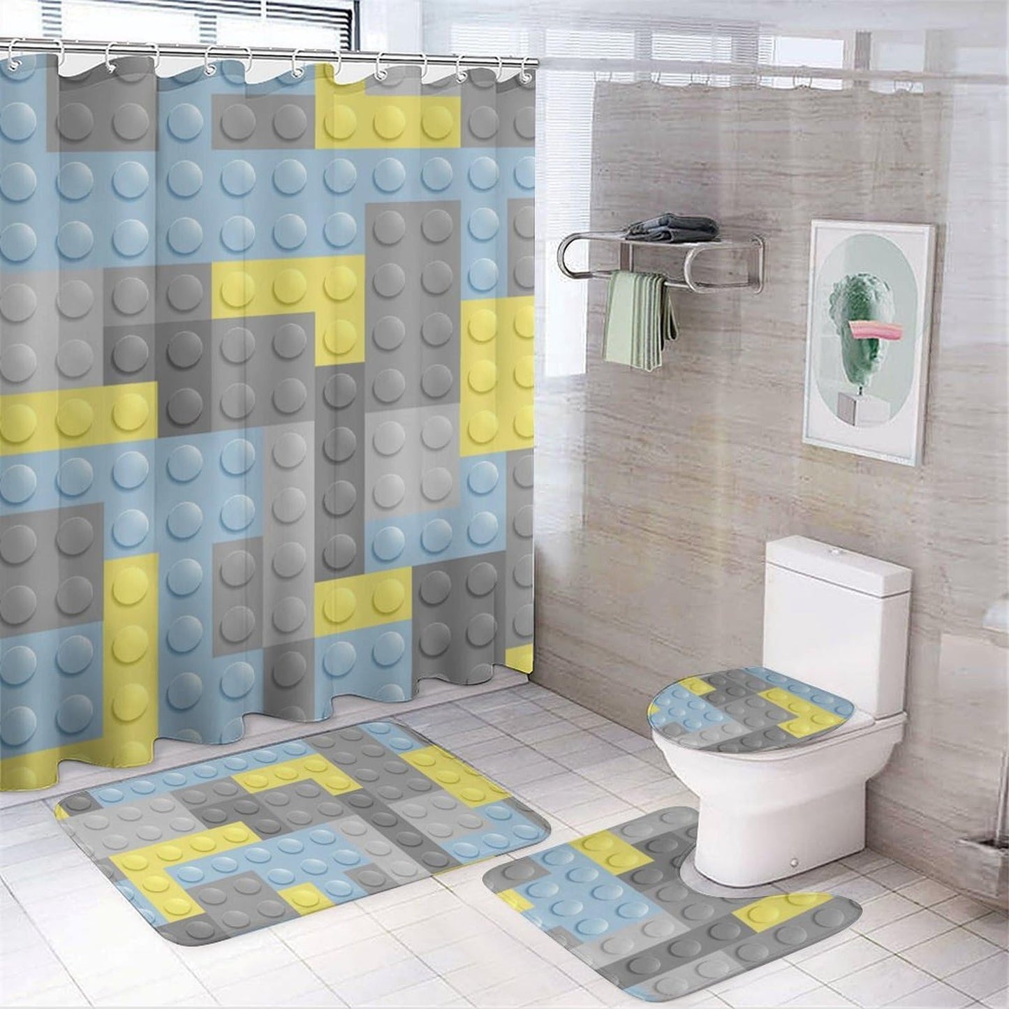 Building Blocks Bathroom Set, Funny Shower Curtain Set 4PCS with Non-Slip Rugs, Toilet Lid Cover Bath Mat and 12 Hooks