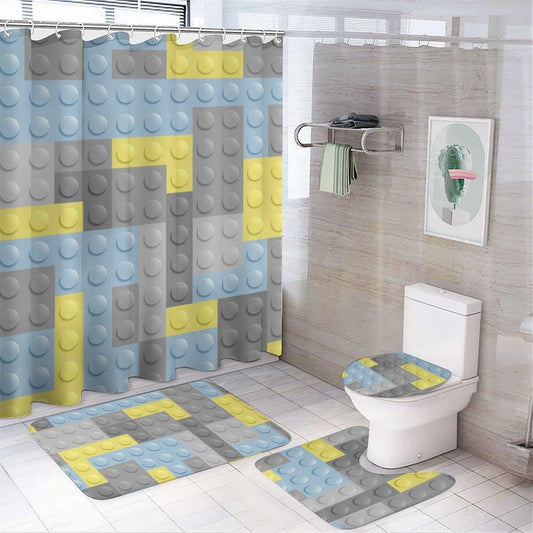 Building Blocks Bathroom Set, Funny Shower Curtain Set 4PCS with Non-Slip Rugs, Toilet Lid Cover Bath Mat and 12 Hooks
