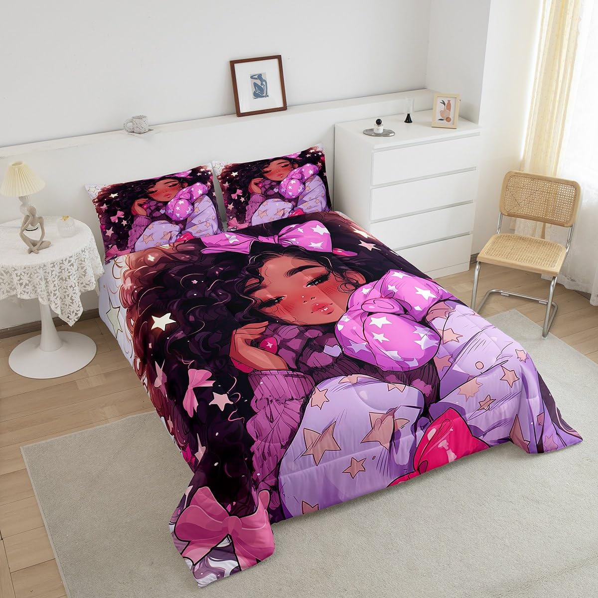 Erosebridal Black Girls Bedding Set Afro Girl Twin Comforter Set for Girls,American African Princess Magical Quilt for Toddler Kids Teenager,Pink Purple Cute Room Decor