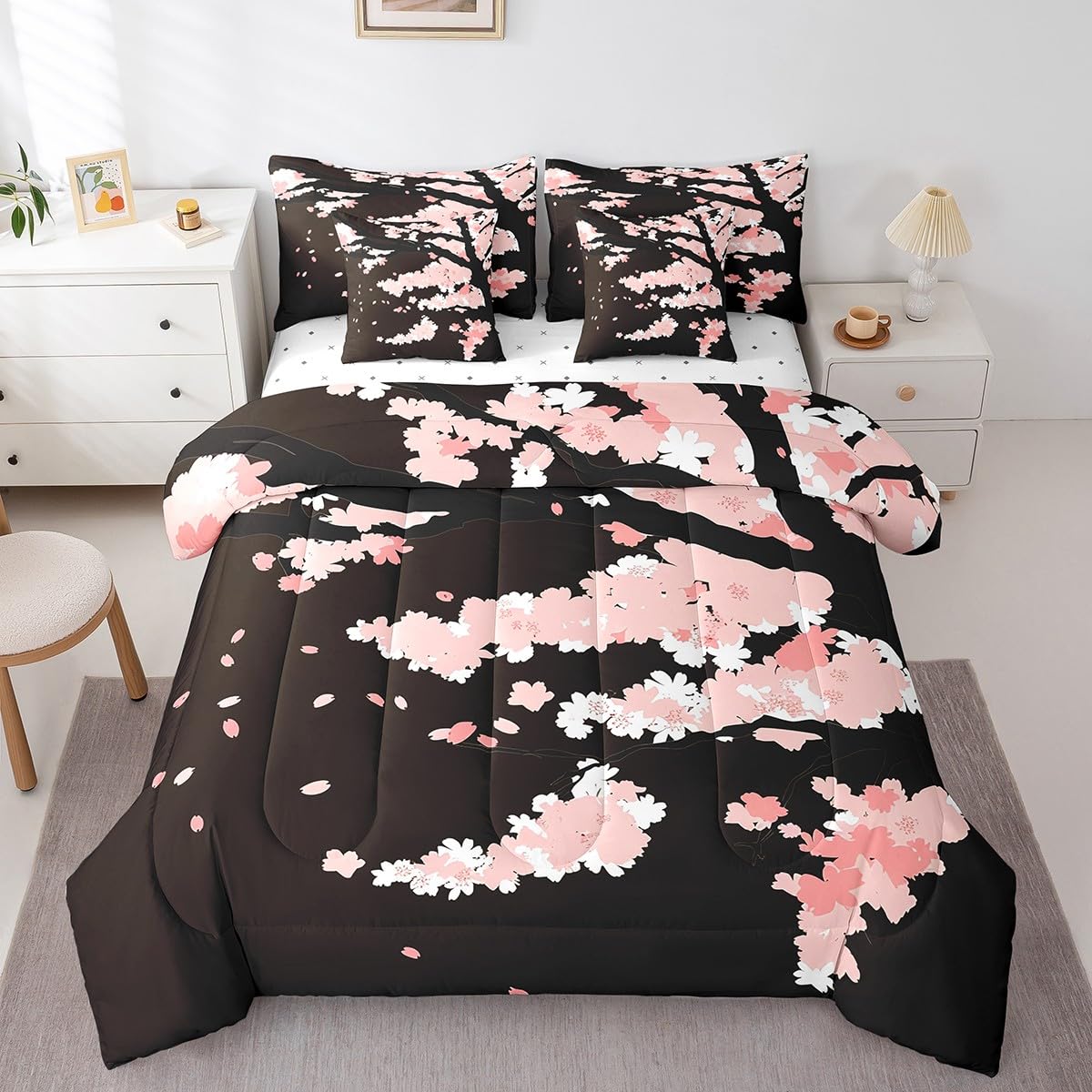 Erosebridal 7 Piece Cherry Blossoms Bed in a Bag for Adult Women Japanese-Style Pink Sheet Set Romantic Theme Bedding with Comforter Girls Boys Teens Botanical Flowers Cushion Covers, Full Size