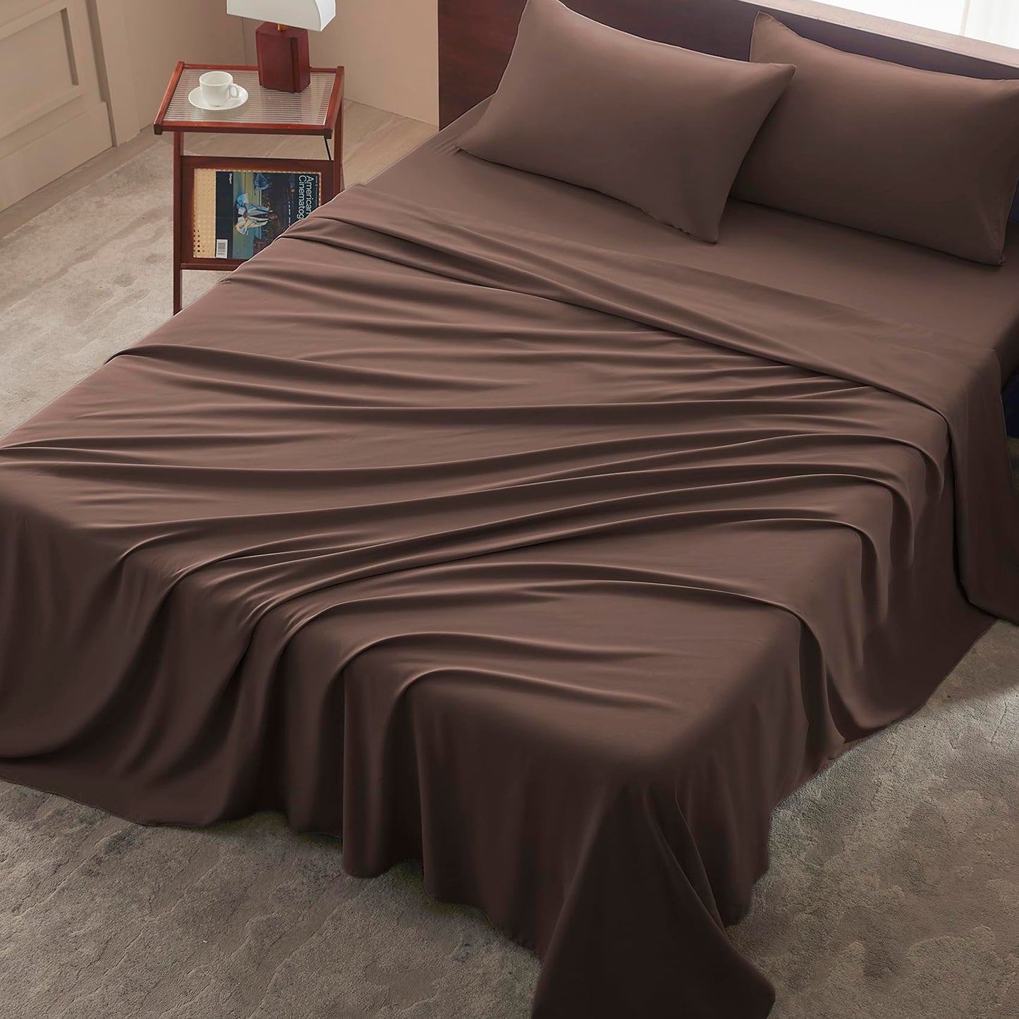USXIBEI Queen Size 4 Piece Sheet Set - Comfy Breathable & Cooling Bed Sheets Set, Soft and Wrinkle Free, Deep Pockets, Easy & Secure Fit, Hotel Luxury Bedding - Oeko-Tex - Dark Brown