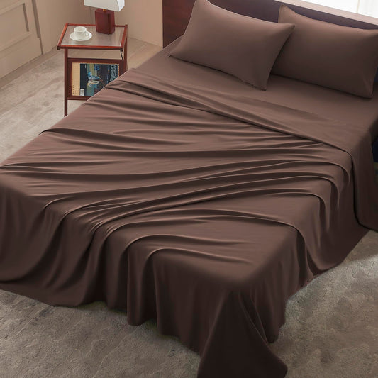 USXIBEI Queen Size 4 Piece Sheet Set - Comfy Breathable & Cooling Bed Sheets Set, Soft and Wrinkle Free, Deep Pockets, Easy & Secure Fit, Hotel Luxury Bedding - Oeko-Tex - Dark Brown