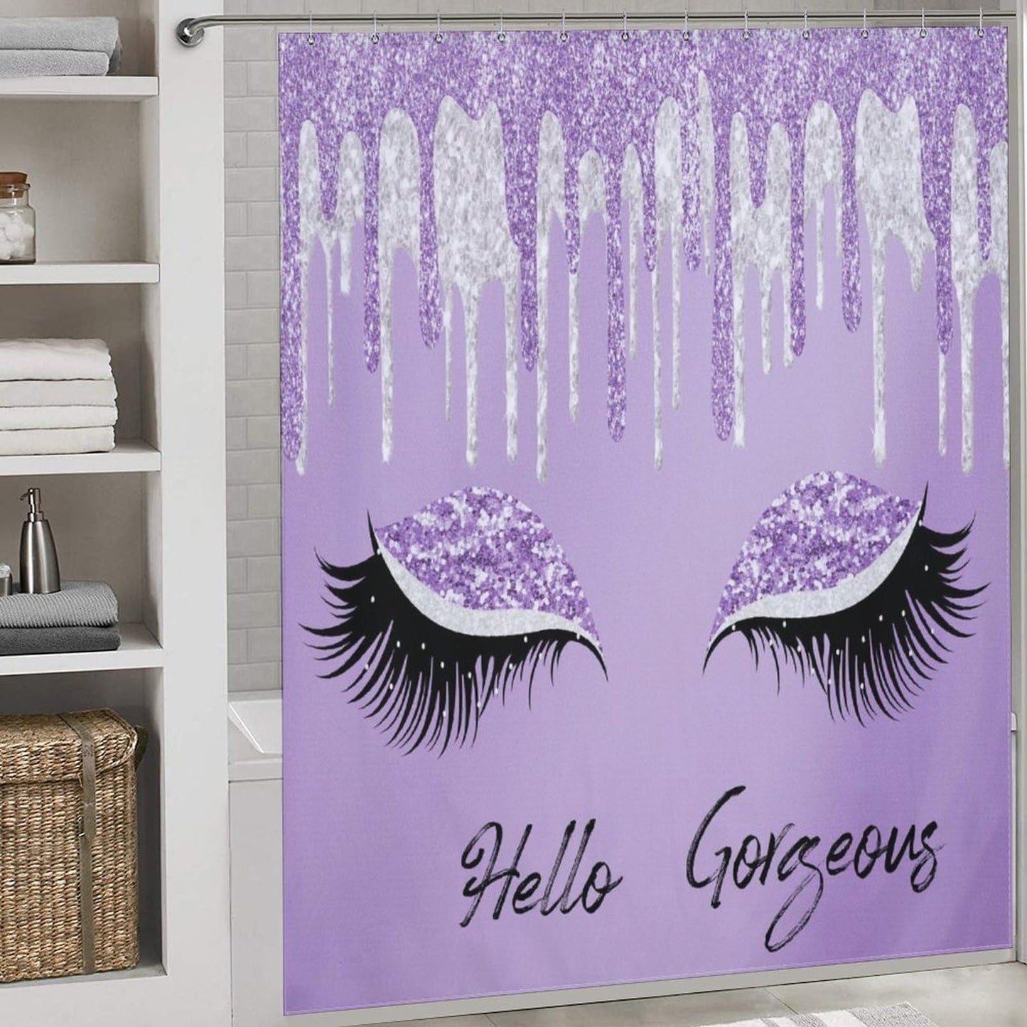 TYVGICZ Eyes Eyelash Shower Curtains Purple Silver Pretty Eyelash Hello Gorgeous (No Glitter No Sequin) Print Polyester Fabric Bath Curtains for Women Female Bathroom Decor,66x72 Inch Purple