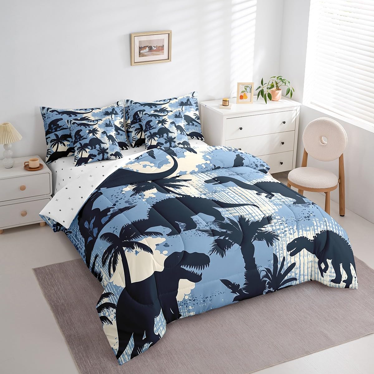Erosebridal Dinosaur Comforter Set 7 Piece Bed in a Bag Twin,Camouflage Blue Bedding Sets Abstract Dino Sheet Set with Comforter,Jungle Wildlife Wild Animals Bed Set