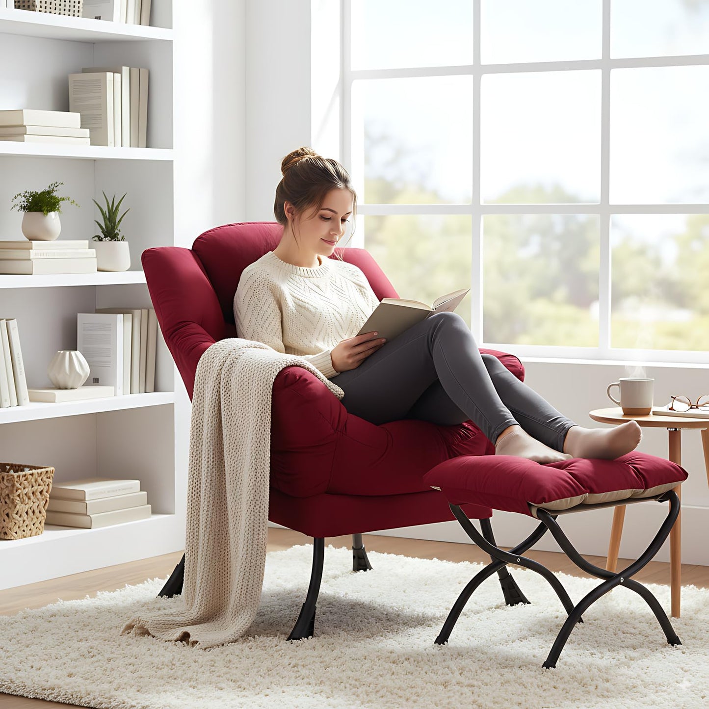 YOTATING Lazy Chair with Ottoman, Lounge Accent Arm Chair with Armrests, Side Pocket and Footrest, Leisure Upholstered Sofa Reading Chair with Footstool for Living Room Bedroom, Burgundy