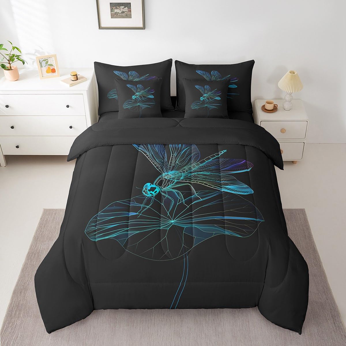 Erosebridal Bohemian Dragonfly Comforter Set Queen,Boho Trippy Animal Bed in a Bag for Kids Boys Girls,Geometric Lotus Leaf Bedding Set 7Pcs,Watercolor Wildlife Quilt for Dragonfly Lovers