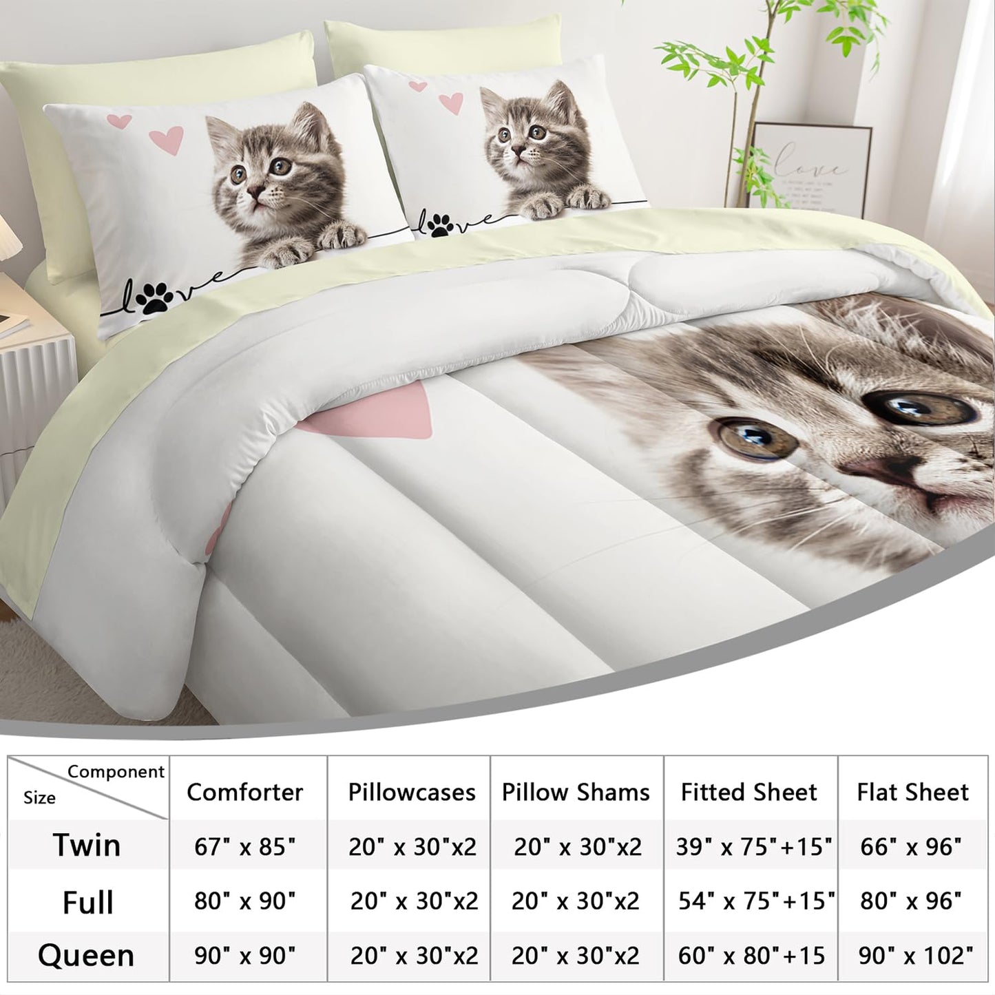 AILONEN 3D Kids Kawaii Cat Comforter Set Twin Size,7-Piece Fuzzy Ball Kitten Bed in a Bag,Cute Pet Cat Lover Comforter & Fitted Sheet with Flat Sheet & 2 Pillowcases,2 Pillow Cases for Bedroom,Soft