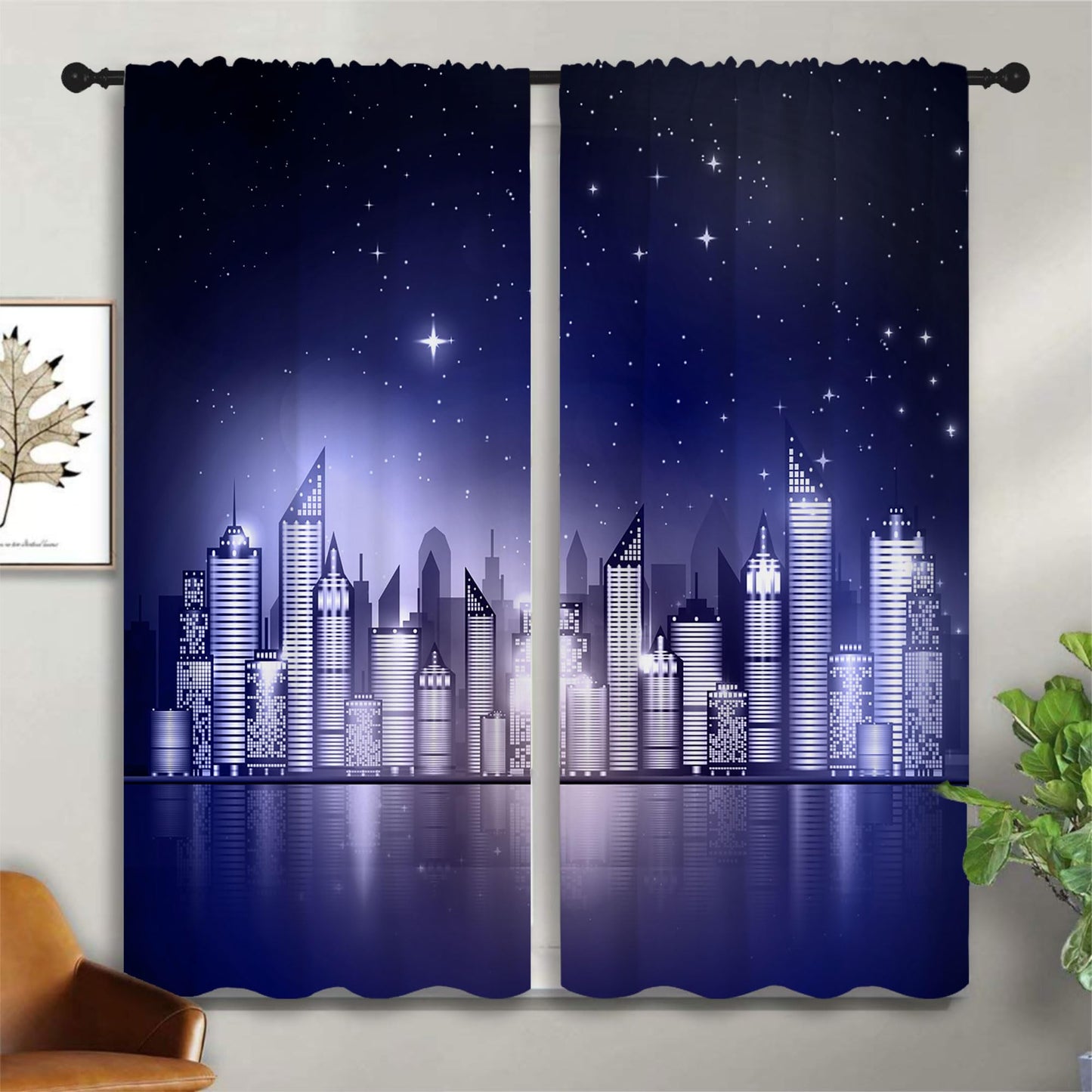 PYMATYTN City Rod Pocket Blackout Curtains for Boy Girl Bedroom, New York Skyline Modern City Starry Sky Night View Thermal Insulated Home Window Drapes for Living Room Darkening, 42x45 inch