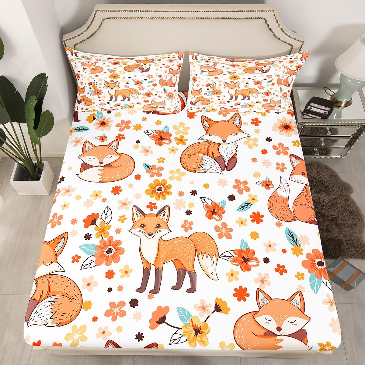 Manfei Cute Fox Kids Fitted Sheet Full Size,Cartoon Animals Toddler Bedding Set,Flowers Plants Rustic Farmhouse Bed Cover,Colorful Lovely Sheet,2 Pillowcases,Full (54*75*16'') (ZZRS700GYY-CL_USf)