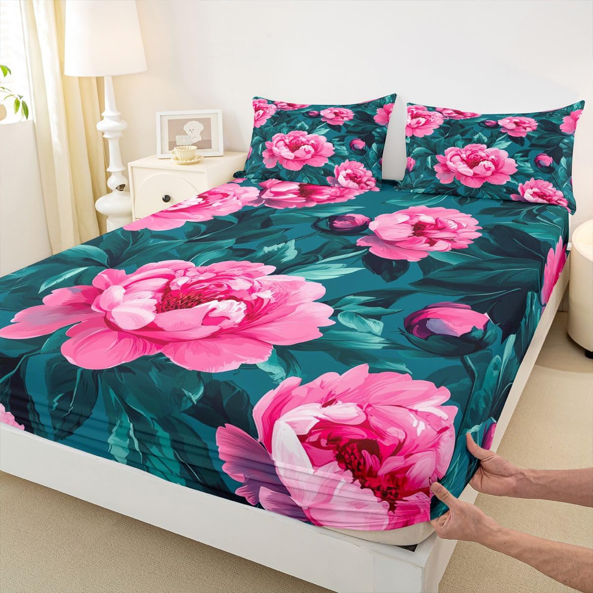 Erosebridal Pink Peony Sheet Set Vintage Bohemian Flowers Twin Sheets Set for Children Boys,Oil Painting Floral Leaves Country Flower Rustic Fitted Sheet
