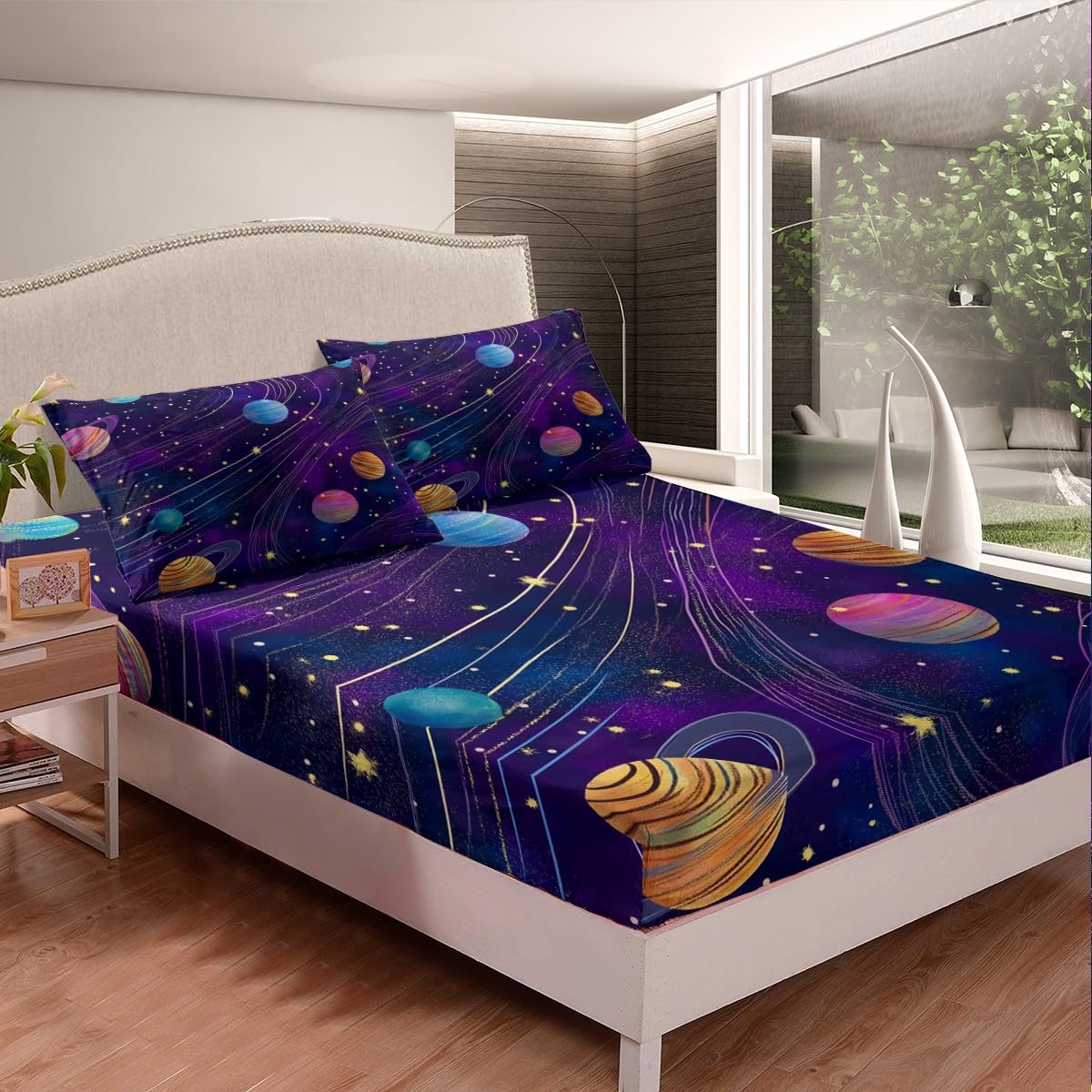 Erosebridal Galaxy Bed Sheet for Kids Boys Girls,Out Space Sheet Sets Full Size,Glowing Neon Solar System Bedding Set,Gradient Nebula Fitted Sheet Flat Sheet 2 Pillowcases Bedroom Decor