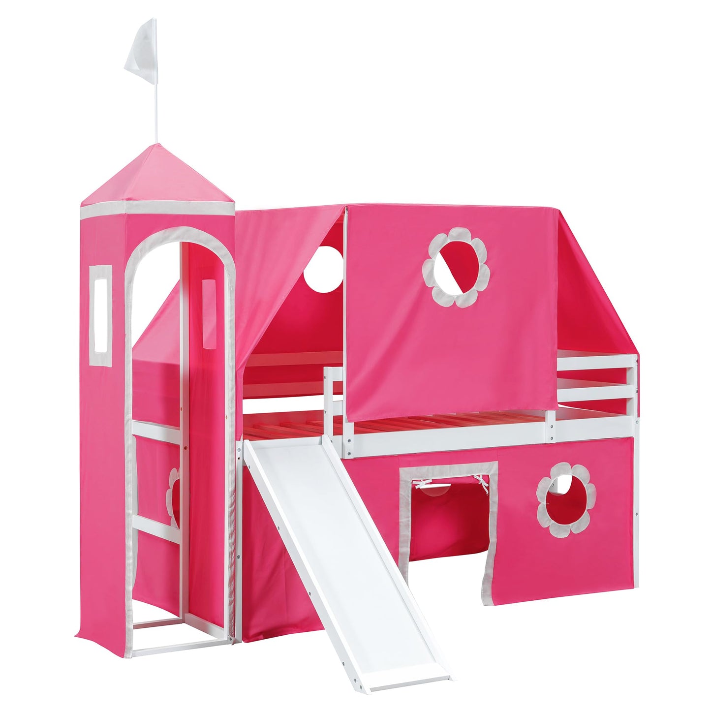 Polibi Castle Loft Bed with Slide & Tent and Tower, Playhouse Design Spacious Under Bed Space with Curtains, Wood Tent Bed Frame for Kids Boys Girls (Pink, Twin)