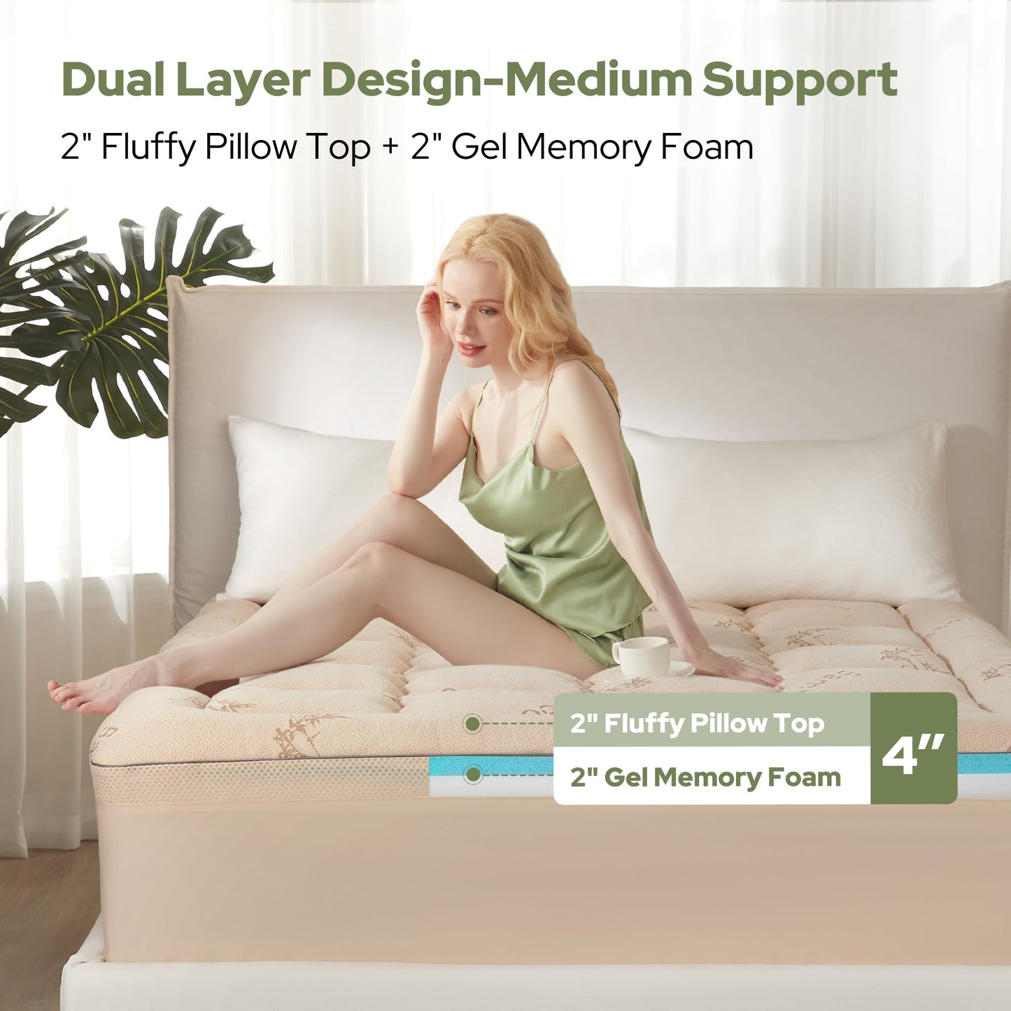 BEDLORE 4 Inch Memory Foam Mattress Topper King,2-in-1 Dual Layer Design (2" Gel Memory Foam + 2" Plush Pillow Top Cover) Mattress Topper Medium-Firm,Pressure Relief & Back Pain Support(Beige)