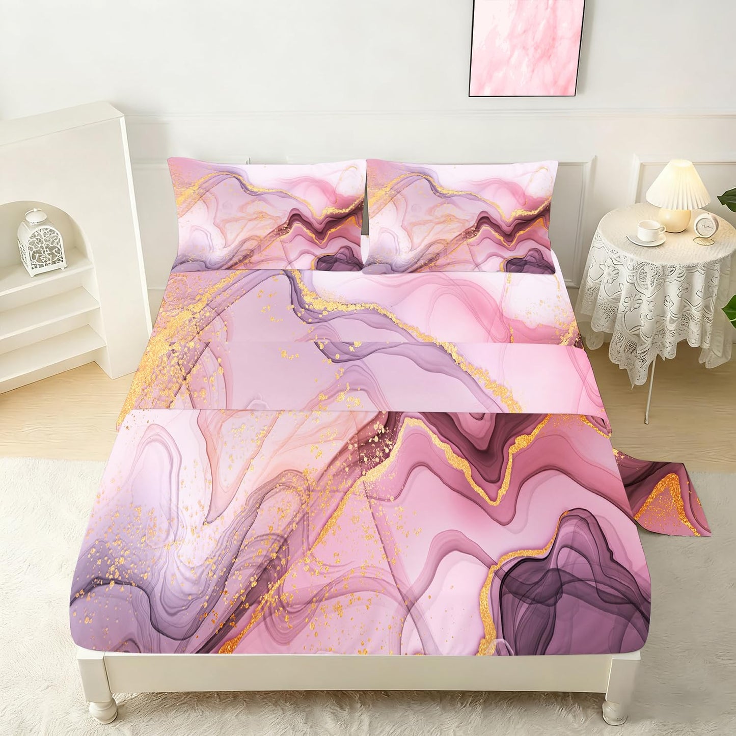 VTKON Pink Marble Sheets Set Twin for Girls Pink and Gold Marble Bedding Set Kids Aesthetic Bed Set with 1 Fitted Sheet 1 Flat Sheet and 1 Pillowcase