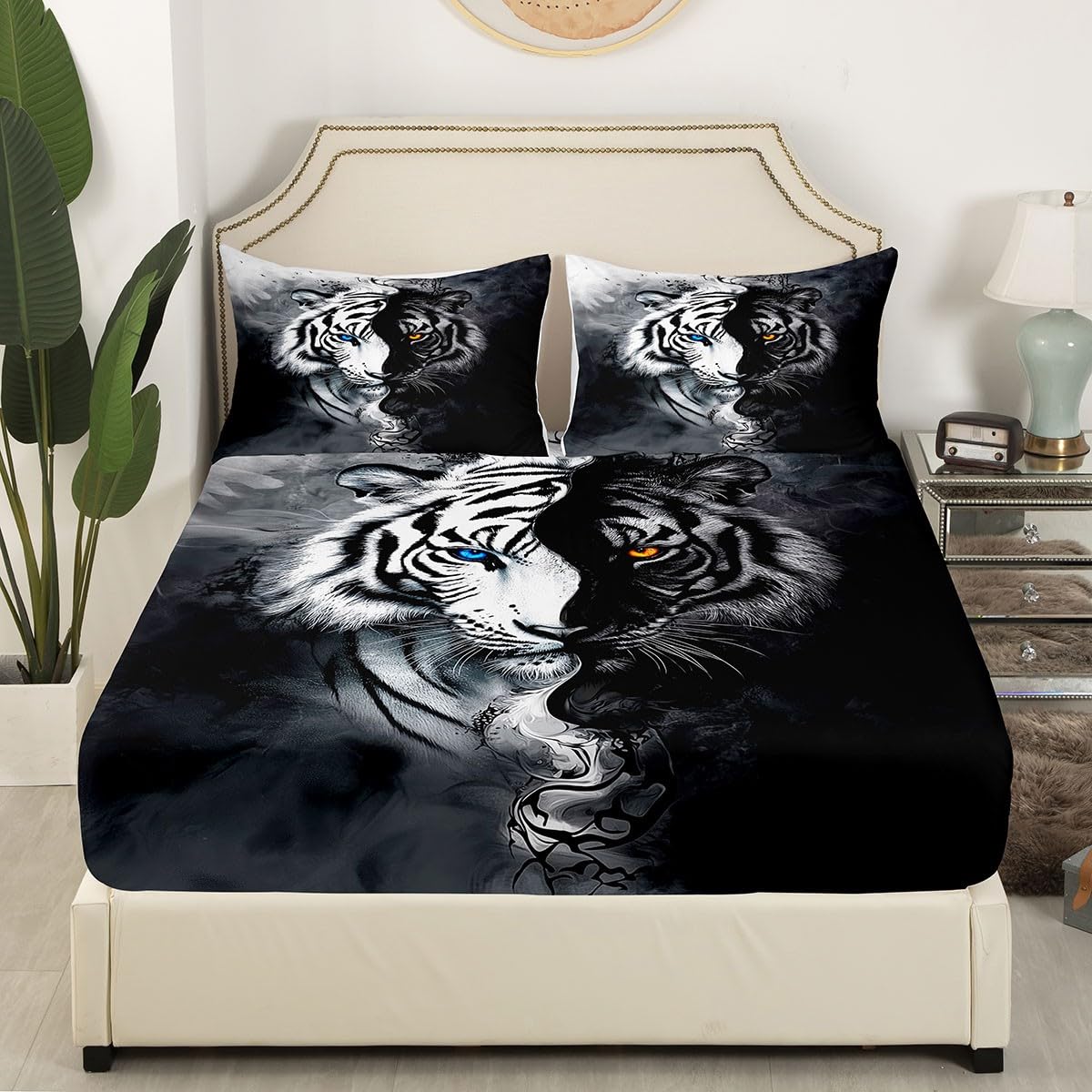 Erosebridal Tiger Bed Sheets Set Full African Safari Animal Flat Fitted Sheet Black and White Stripes Bed Set 3D Wildlife Bedding Set for Boys Adult Men Women Bedroom Decor with 2 Pillow Cases