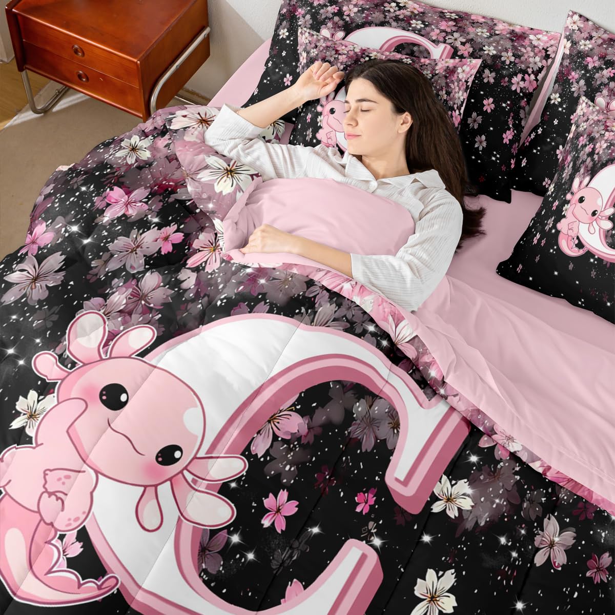 Erosebridal Twin Size Pink Black Alphabet C Bed in A Bag with Cute Axolotl Design - Japanese Cherry Blossom 7 Pieces Bedding Set Cute Axolotl Comforter Set with Sheets Initial Letter Gift for Her