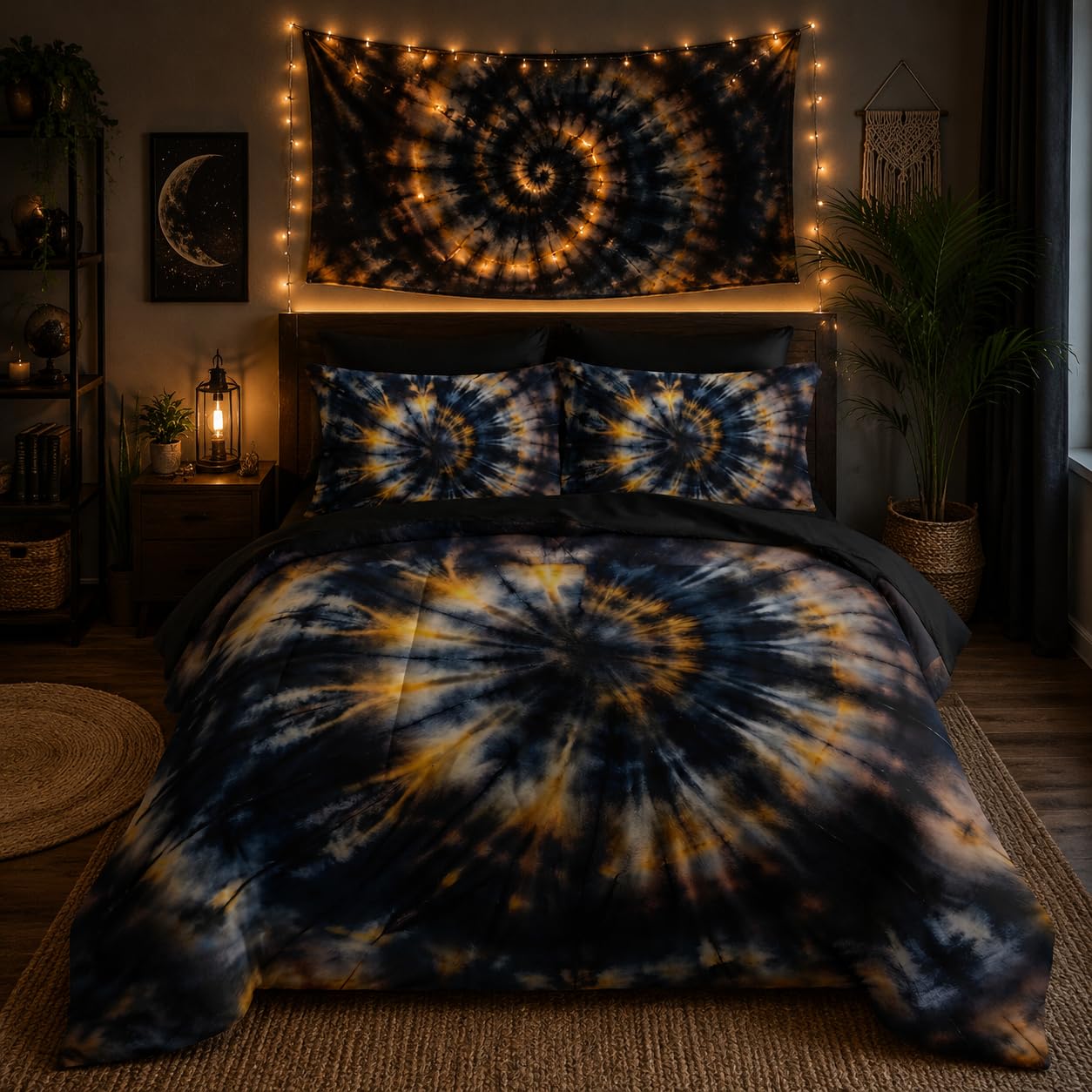 Nttopship Dark Tie Dye Comforter Set Full Bedding Sets 7PCS,Abstract 7 Piece in A Bag Tie Dye Bedding Set 7 Piece in A Bag,Bed Sheet Set Yellow Fission Graffiti Microfiber Lightweight All Season